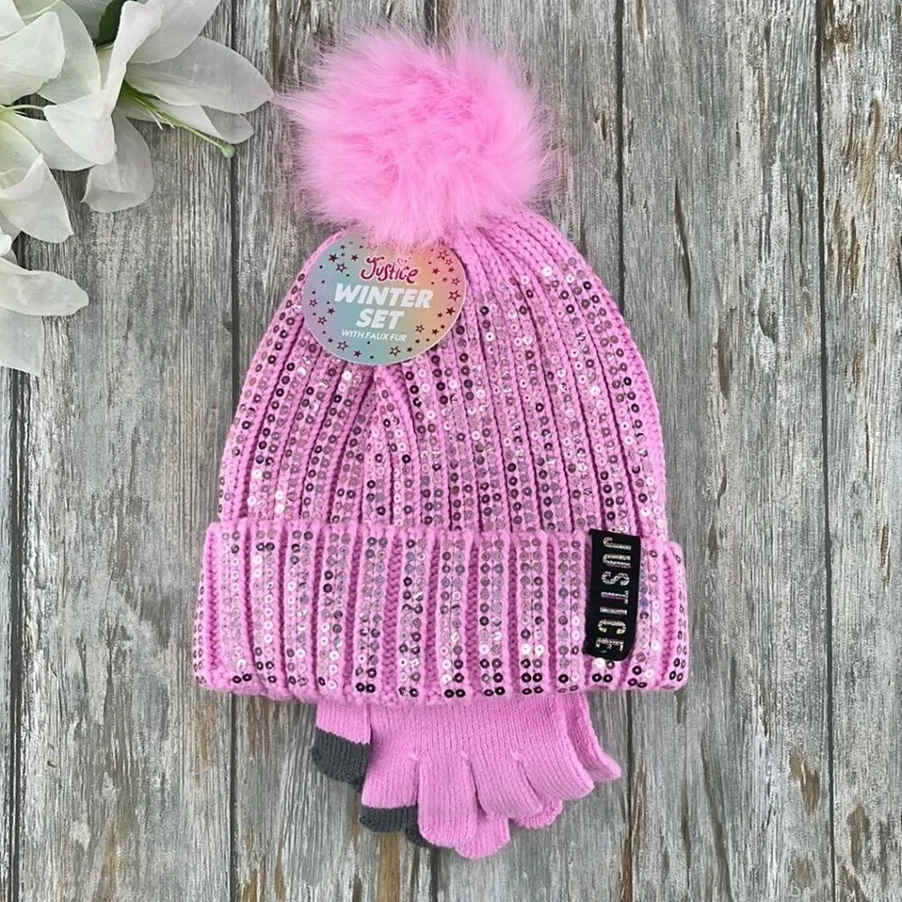 Girls Justice Ribbed & Full Print Winter Cozy Beanie and Gloves 2, 2-Piece Sets